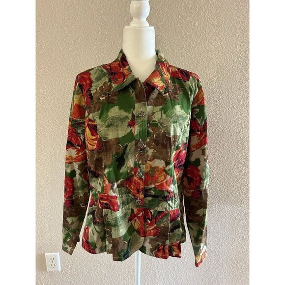 Christopher & Banks Button Up Jacket Womens XL Peplin Floral Lightweight Collar - Picture 1 of 8